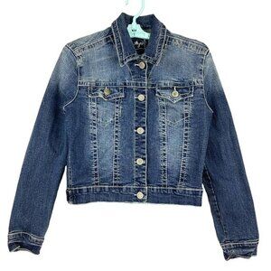 Amethyst Girls Blue Stretch Denim Jacket Size Large Long Sleeve Two Flap Pockets